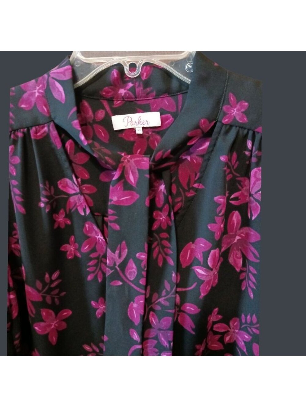 Parker Womens Floral Print Long-Sleeve Blouse Tie Front Hot Pink/black Xsmall - Picture 6 of 14